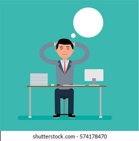 Young Manager sitting behind a Desk and dreaming. Cartoon vector flat-style illustration