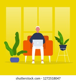 Young manager sitting in a chair with the laptop. Freelancer. Modern office. Lifestyle. Flat editable vector illustration, clip art