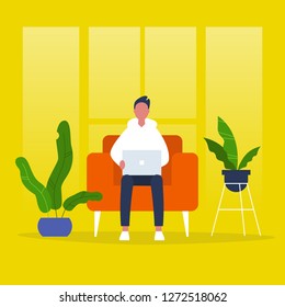 Young manager sitting in a chair with the laptop. Freelancer. Modern office. Lifestyle. Flat editable vector illustration, clip art