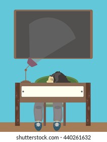 Young manager sleeps at work during coffee break