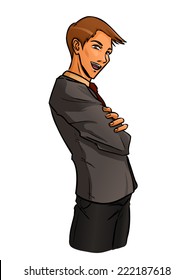 Young manager stands in profile with crossing one's arms on one's breast. Vector color cartoon.