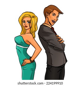 Young manager  stands in profile with crossing one's arms on one's breast. His assistant is young pretty woman. Vector color cartoon.