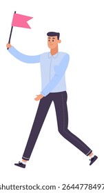 Young manager walking while holding a pink flag, symbolizing leadership, success, and motivation in a professional business environment