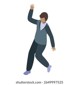 Young manager is waving with one hand and holding the other hand out to the side