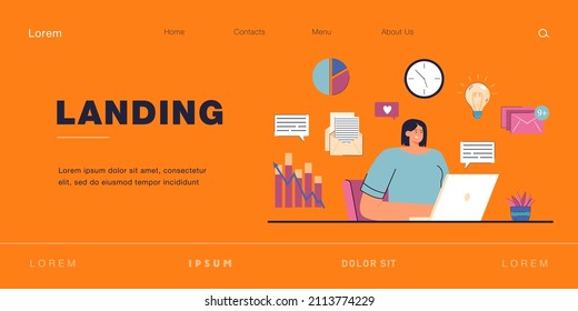Young manager working online flat vector illustration. Female expert conducting distance content analysis of social networks, creating effective SMM strategy. Technology, freelance, workplace concept