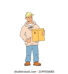 Der junge Mann, Lieferer.Enthält einen Umschlag,Paket in seiner Hand.Lächeln und zeigen Daumen nach oben.Das Konzept der schnellen Lieferung der Pakete an das Haus.Moderne Stock-Vektorgrafik der Lieferung der Bestellung.