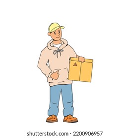 Young man,deliverer.Holds an envelope,package in his hand.Smiling and showing thumbs up.The concept of fast delivery of parcels to the house.Modern stock vector illustration of delivery of the order.
