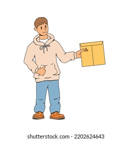 Young man,deliverer.Holds an envelope,package in his hand.Smiling and showing thumbs up.The concept of fast delivery of parcels to the house.Modern stock vector illustration of delivery of the order.