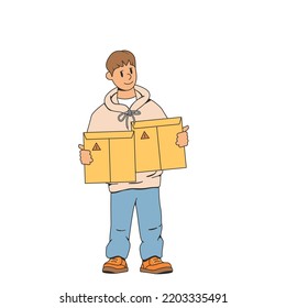 Joven, liberador. Tiene un sobre, un paquete en su mano. Sonriendo y mostrando los pulgares hacia arriba. El concepto de entrega rápida de paquetes a la casa. Moderna ilustración vectorial de stock de la entrega del pedido.