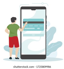 Young  mannear big phone, man using phone, on screen credit card. Flat illustration