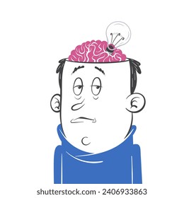 A young man's brain, adorned with a lightbulb, sparks enlightenment