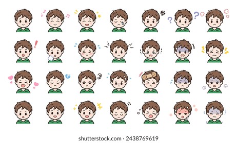 Young man's facial expression illustration set