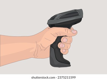 Young man's hand hold barcode scanner isolated on white background. Technology and mobile app vector element. Vector illustration design