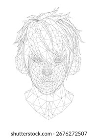 A cabeça de um jovem com triângulos geométricos e fones de ouvido cria um retrato poligonal.