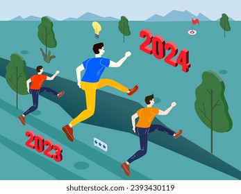 Jóvenes saltando y corriendo a Feliz Año Nuevo 2024. Saltar de 2023 a 2024 años. Superar los obstáculos para lograr ese objetivo. Iométrica de la ilustración del vector