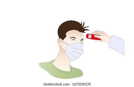 Young man's temperature tested with a fever thermometer. He has a fever of 39 degrees. He wears a surgical face mask and does not look happy. Corona virus.