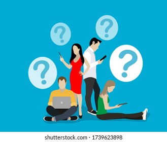 Young mans and womans ask questions and they needs to ask help or advice via live chat, help desk or faq. Flat concept illustration