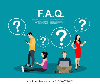 Young mans and womans ask questions and they needs to ask help or advice via live chat, help desk or faq. Flat concept illustration