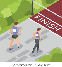 Jóvenes corredores de maratón acercándose a la línea de acabado ilustración vectorial 3d de fondo isométrico