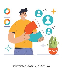 Young marketer attracts potential clients with a magnet. Demonstrating the power of effective lead generation. Driving growth, ensuring business sustainability. Flat vector illustration