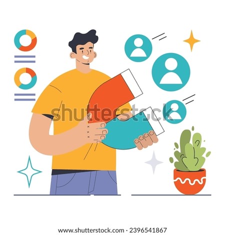 Young marketer attracts potential clients with a magnet. Demonstrating the power of effective lead generation. Driving growth, ensuring business sustainability. Flat vector illustration