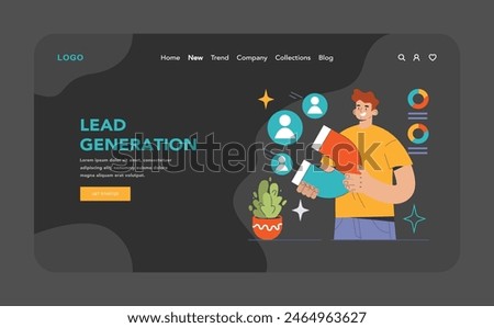 Young marketer attracts potential clients with a magnet. Demonstrating the power of effective lead generation. Driving growth, ensuring business sustainability. Flat vector illustration
