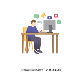 Young marketer illustration. Young guy freelancer working online sitting on the armchair in the office at the computer, laptop. Digital marketing, Influence, Remote working
