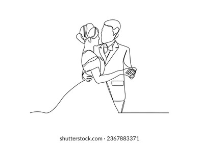 Young marriage. Hand drawn style vector design illustrations, Newlyweds holding hands, hugging, wedding minimalist concept. Element for wedding.