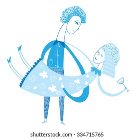 young married couple, a boy and a girl dancing full of happiness with a glass of vine in the hand. Dance school vector illustration.
