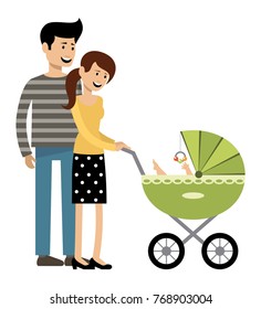 Young married couple with a carriage. Vector illustration