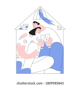 Young married couple celebrating housewarming and drinking champagne in their cramped and tiny house. Flat Art Vector Illustration