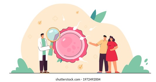 Young married couple consulting doctor. Tiny persons at hospital, healthy embryo flat vector illustration. Fertility, parenthood, reproduction concept for banner, website design or landing web page