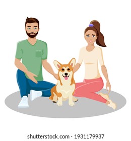 Young married couple with a corgi dog. Illustration of happy pet owners. Vector isolated