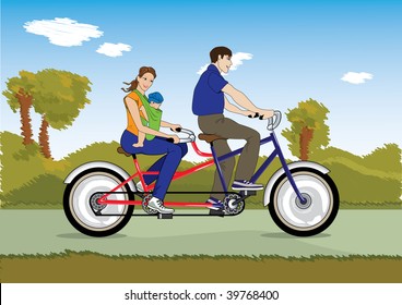 The young married couple during weekend,walks on a bicycle-tandem with the small child