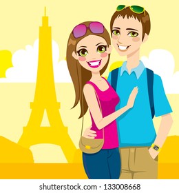 Young married couple enjoy honeymoon trip in Paris with Eiffel Tower in the background