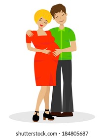 young married couple in expectant of child on white background, vector illustration