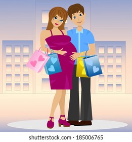 young married couple in expectant of child with purchase, vector illustration