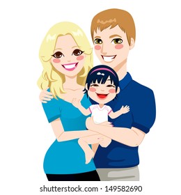 Young married couple holding and hugging cute international adopted asian daughter