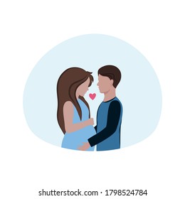 A young married couple holds a newborn baby in their arms. Happy parents, motherhood and childhood. A man and a woman take care of a child. Vector flat cartoon illustration.