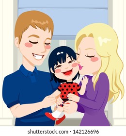 Young married couple hugging and kissing their beautiful adopted asian little daughter