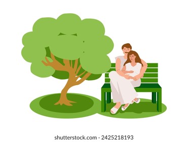 Una joven pareja casada, un esposo y una esposa embarazada, están sentados en un abrazo en un banco del parque cerca de un árbol en el verano. Futuros padres, embarazo, citas, vacaciones. Ilustración plana vectorial.