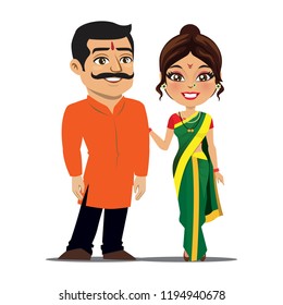 A young married couple from Maharashtra state in India are standing next to each other wearing a traditional outfit of kurta and saree.