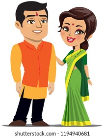 A young married couple from Maharashtra state in India are standing next to each other wearing a traditional outfit of kurta and saree.