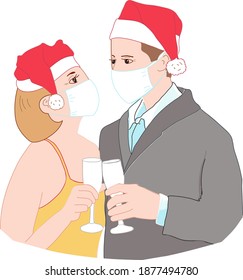 Young married couple with medical masks wearing Santa hats with champagne in their hands wish each other a Merry Christmas (New Year). White background.