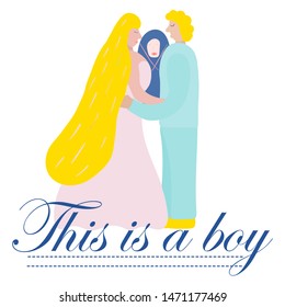 A young married couple of parents had a baby boy, lettering this is a boy on a white background, vector illustration a man and a woman holding a blue envelope with a baby