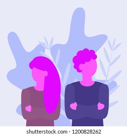 Young married couple quarrel. Man and woman have a different views on life. Vector cartoon illustration. Problems in relationship between members of family. 