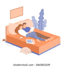 Young married couple are relaxing on the couch and reading from a tablet. A dog lies nearby. Cozy home room. Vector flat illustration.