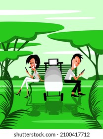 A young married couple is resting on a bench in the park. Vector illustration.