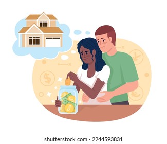 Young married couple saving for house 2D vector isolated illustration. Buy property. Expensive purchase flat characters on cartoon background. Colorful editable scene for mobile, website, presentation