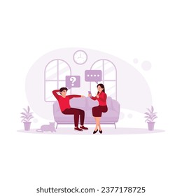 A young married couple sits on the sofa, talking while playing on their cell phone. Virtual Relationships concept. Trend Modern vector flat illustration